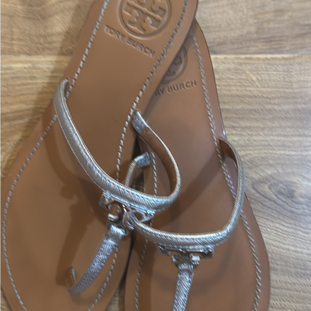 Tory Burch Silver Brown Sandals with T-Bar Design